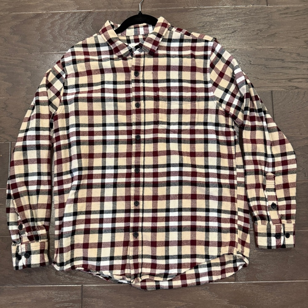Pacsun Men’s Flannel Shirt Medium – Tan Burgundy Plaid Cotton